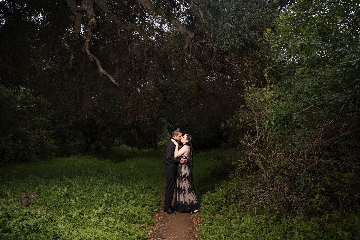 A figure stands on a forest path wearing a flowing black dress surrounded by lush greenery and trees.