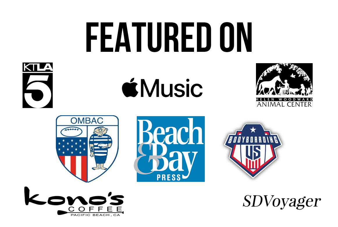 Graphic showing media features and press coverage, including KTLA 5, Apple Music, Beach & Bay Press, and SDVoyager logos.