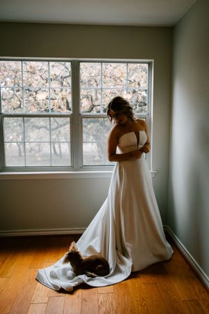 A bride's bridal portraits with her dog on her wedding day located on the family sheep farm in Early, Texas.