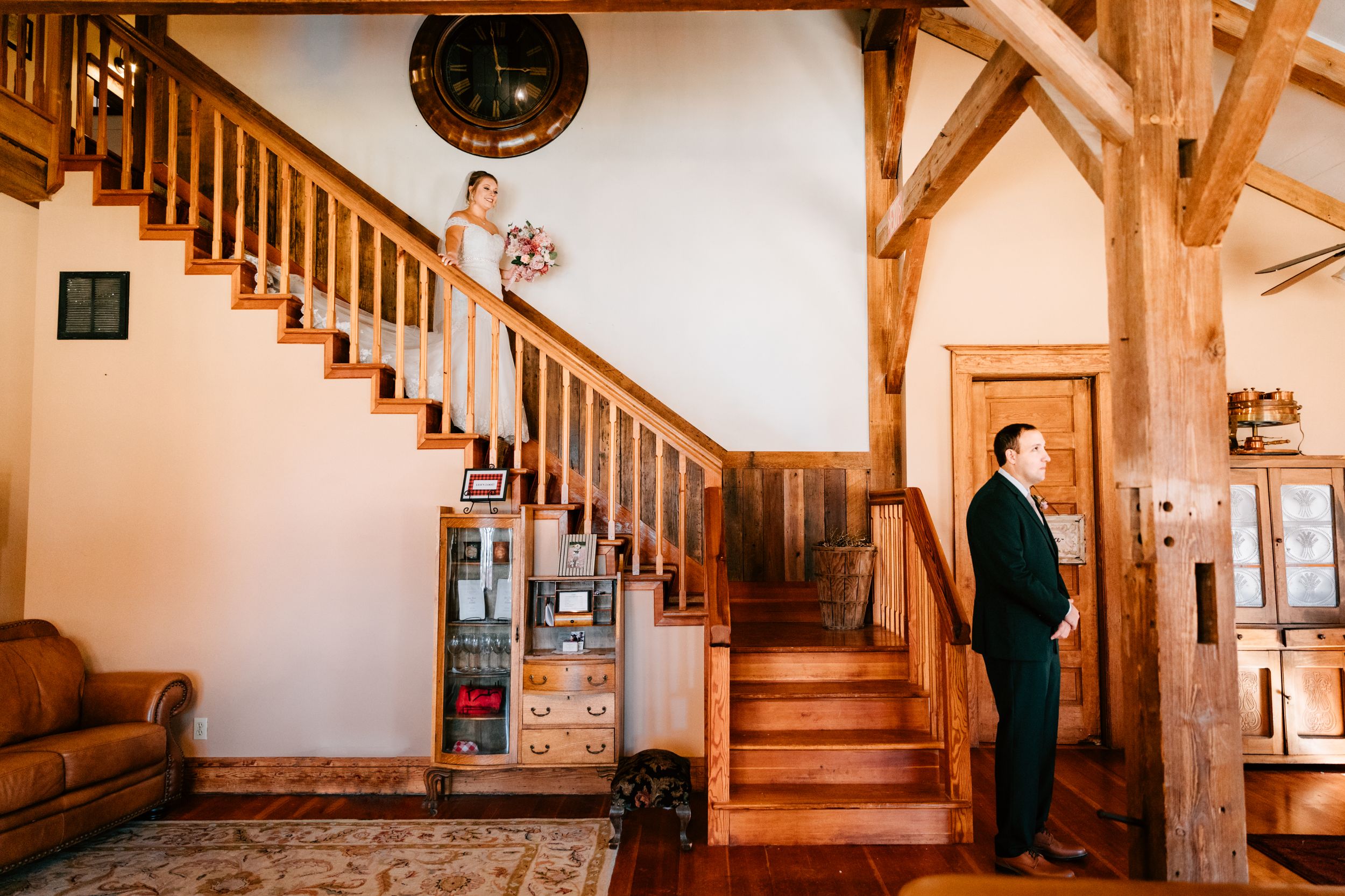 A bride's first look with her husband at the Barns at Timber Creek Bed & Breakfast in Winfield, Kansas.