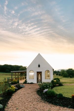 Gateley Hill Gardens wedding chapel at sunset in Dardanelle, Arkansas.