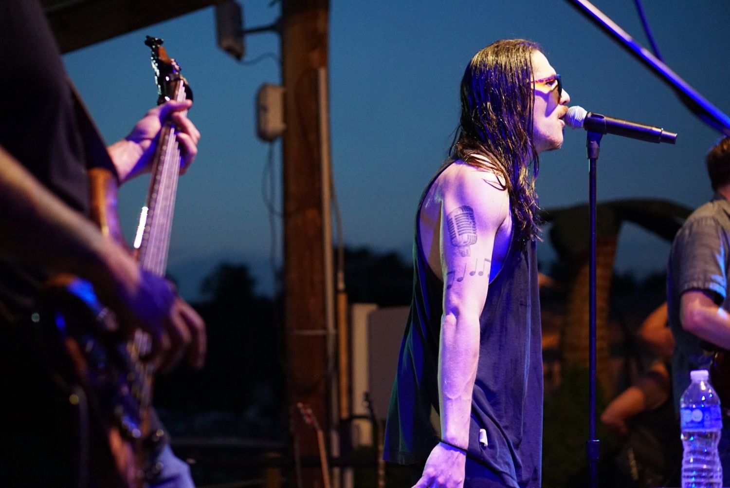 Performer singing on stage during twilight with purple lighting effects.