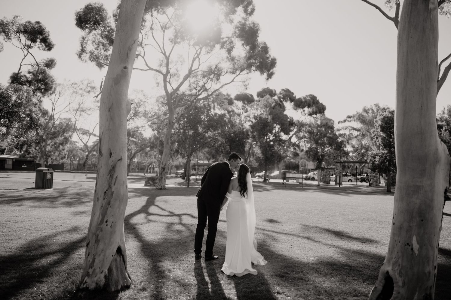 Black and white wedding photography in rustic outdoor setting with eucalyptus trees.