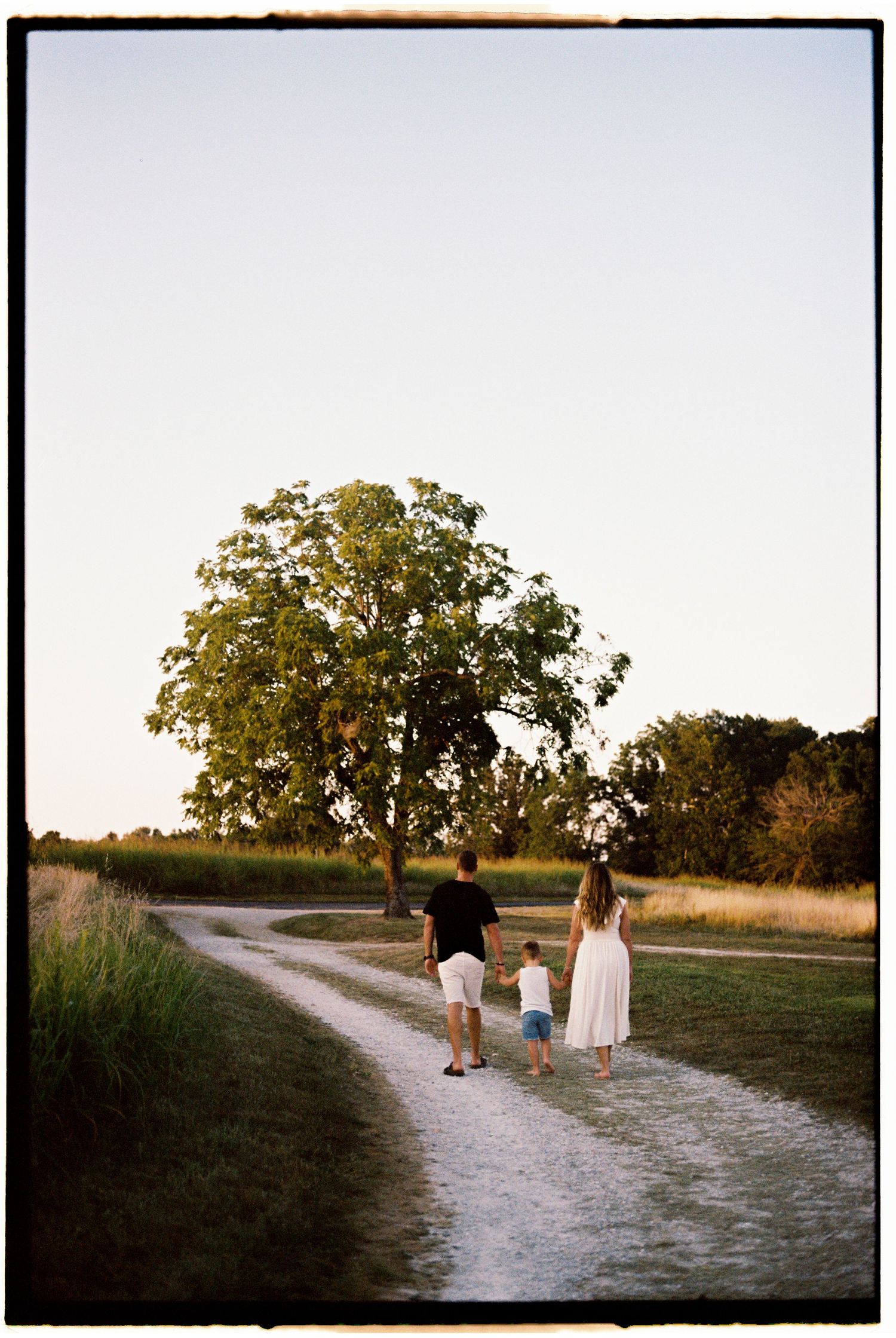 Family walking together on a winding dirt path through a golden field at sunset.