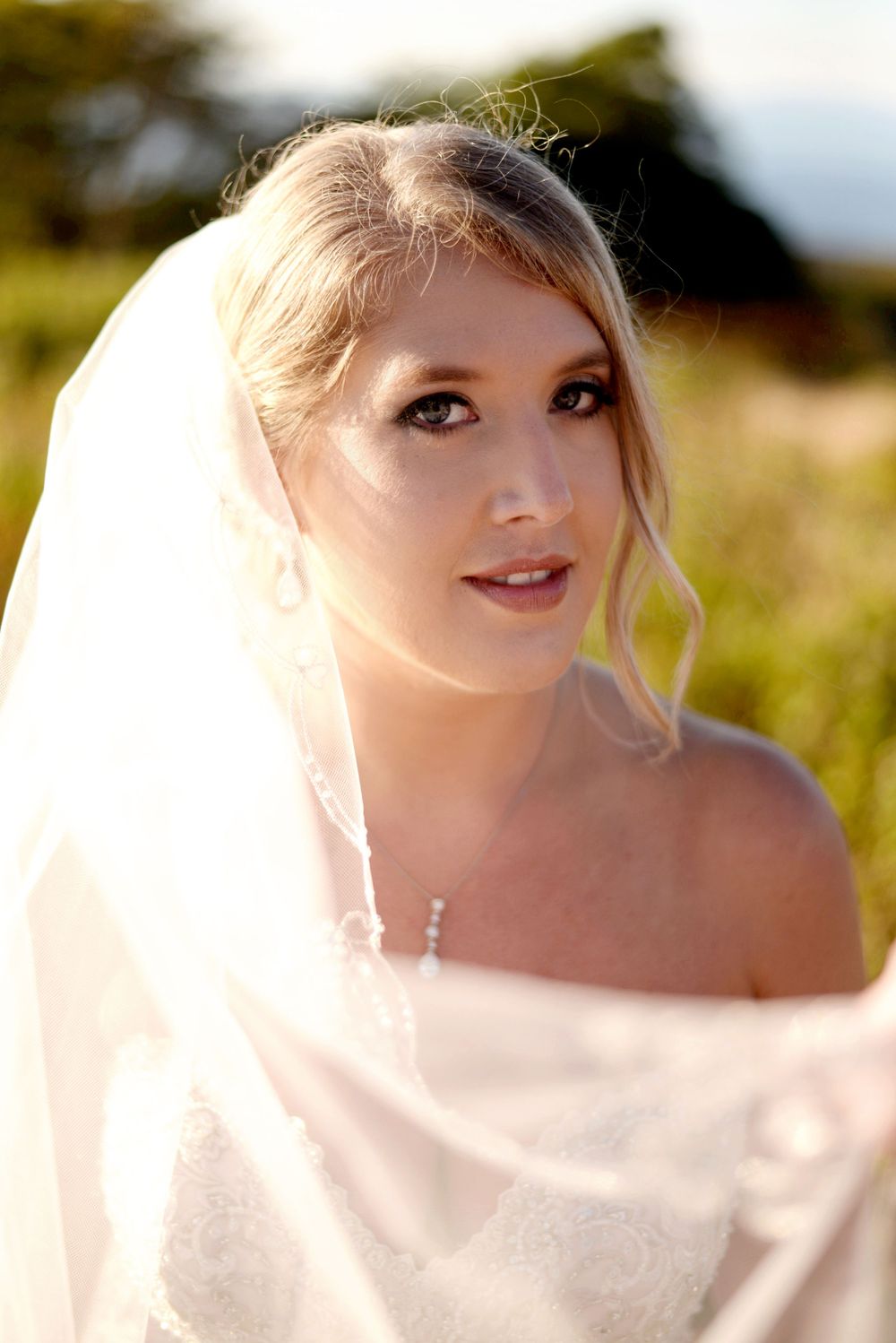 A bride wearing a delicate veil poses in warm sunlight on a hillside.