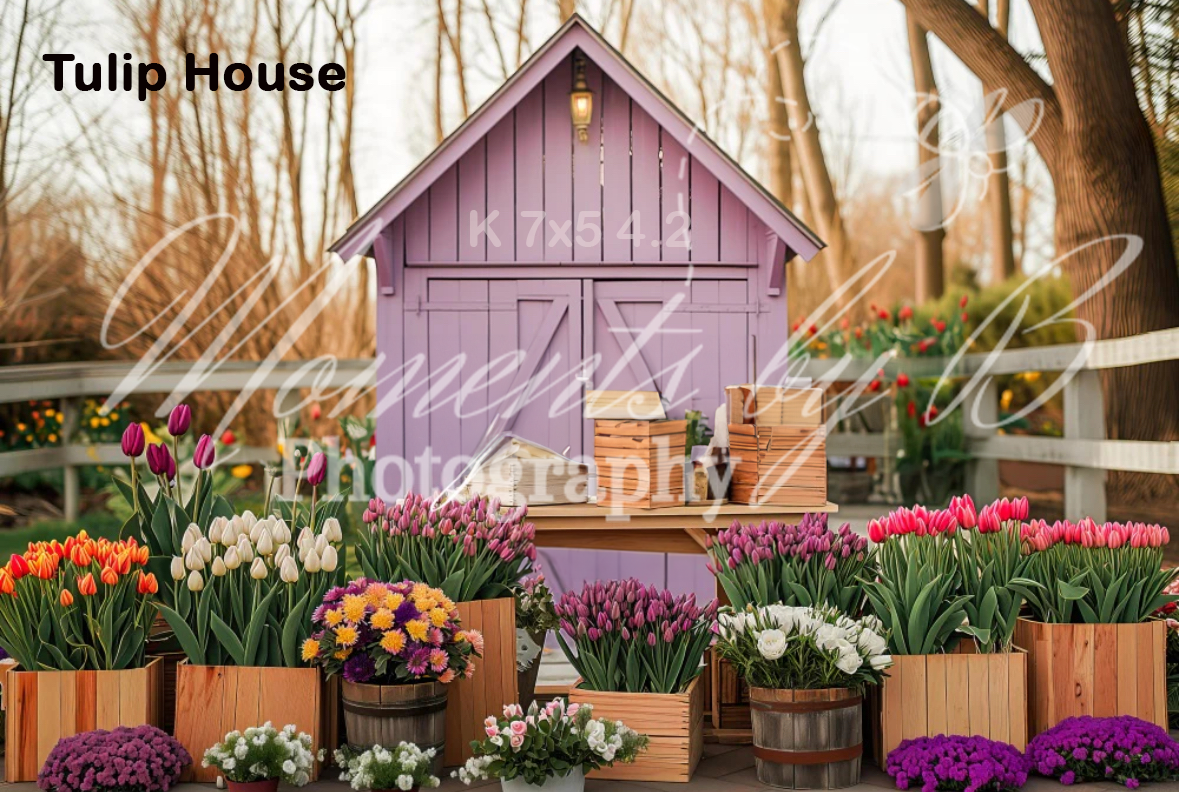 Purple tulip house surrounded by colorful spring flowers and wooden planters in a garden setting.