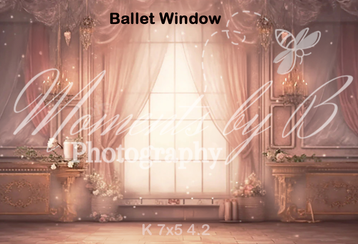 Dreamy ballet-themed window backdrop with ethereal lighting and vintage furnishings.