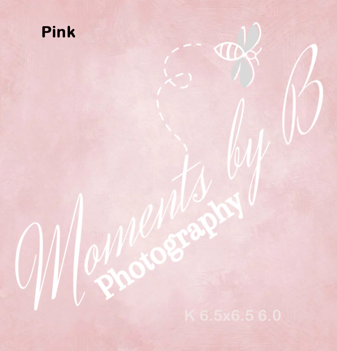 Solid pink background with delicate watermark text and decorative bee illustration.