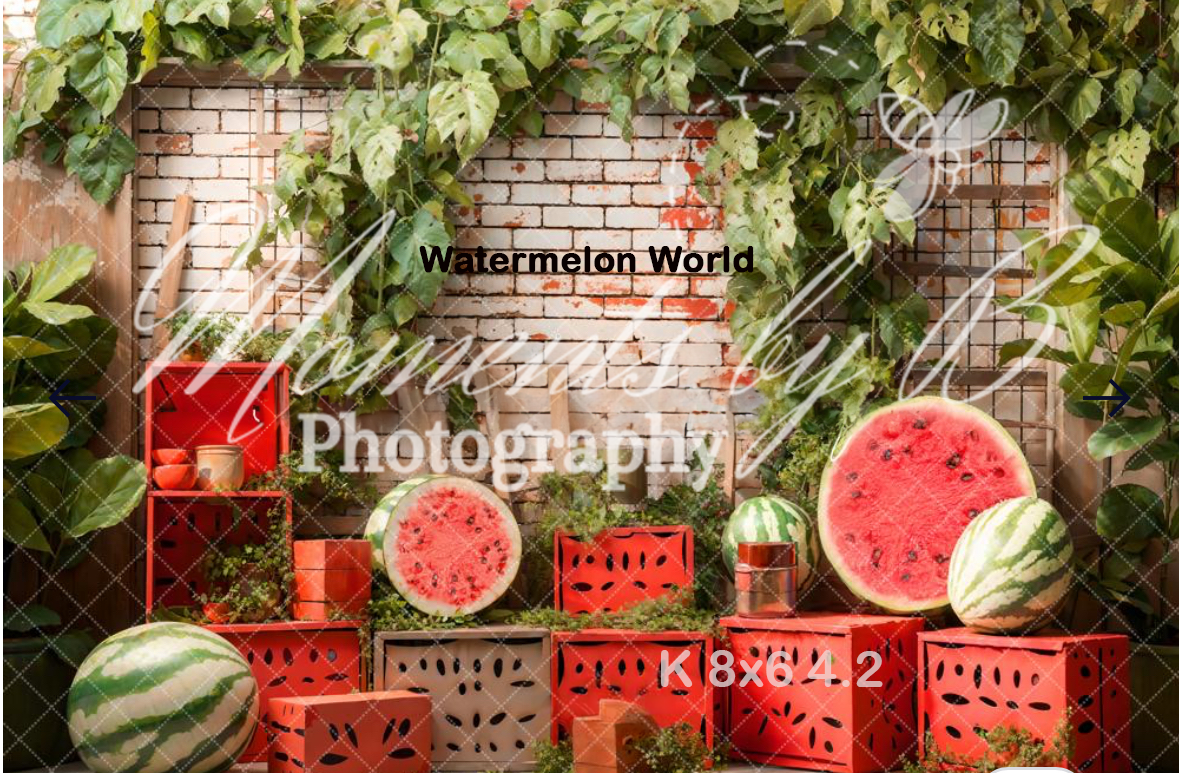 Fresh watermelon display with brick wall background and green vine decorations.