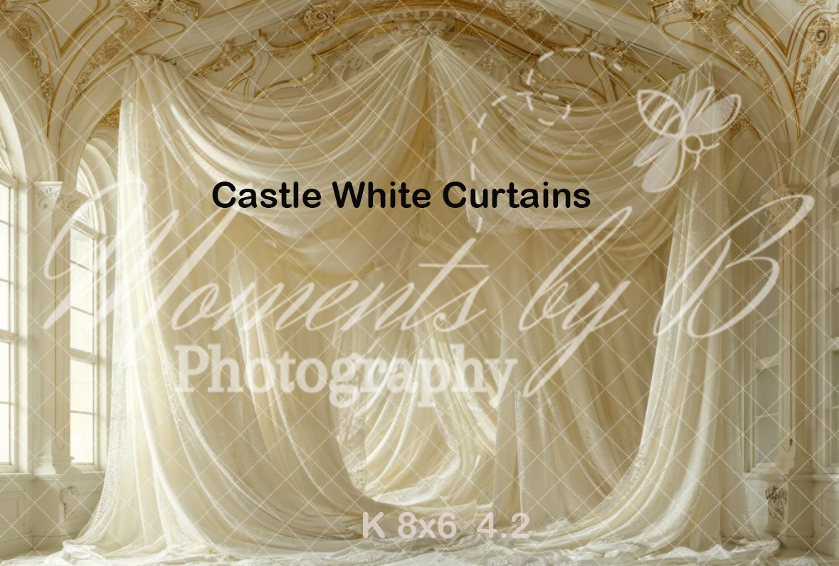 Elegant white flowing curtains in a grand castle-like interior with ornate architectural details.