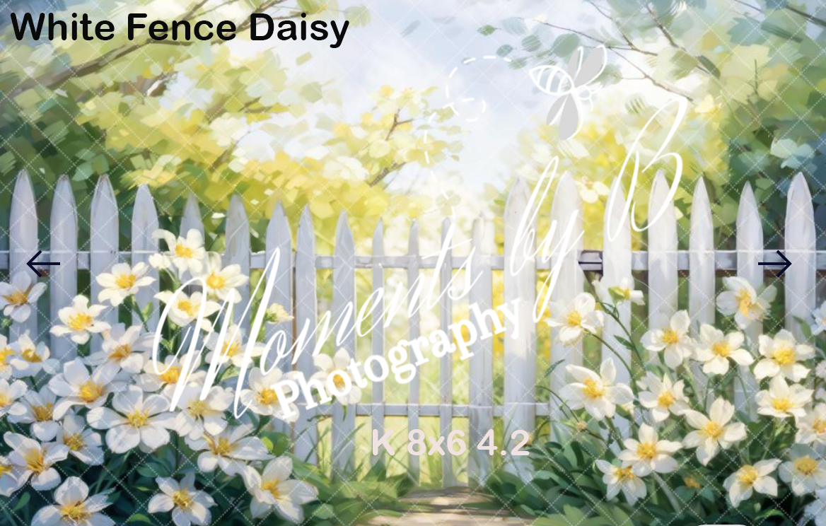 White picket fence surrounded by blooming daisies in a sunny garden landscape.