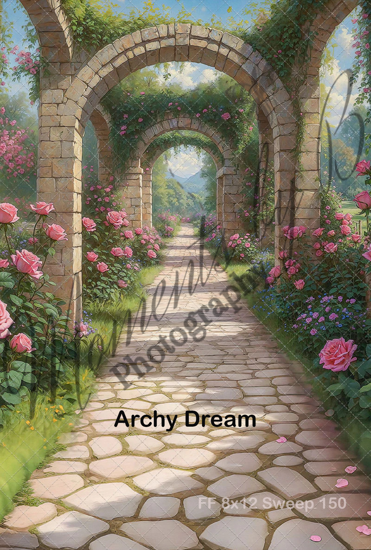 Stone archway path lined with pink roses and flowering plants leading to a distant garden vista.