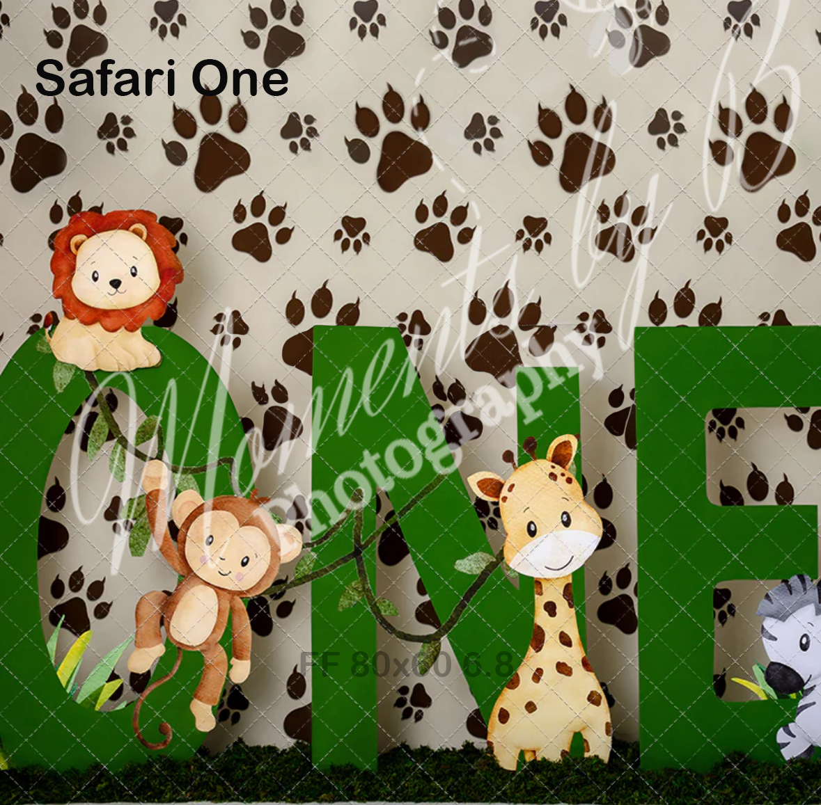 Decorative green ONE text with safari animal designs on a paw print background.