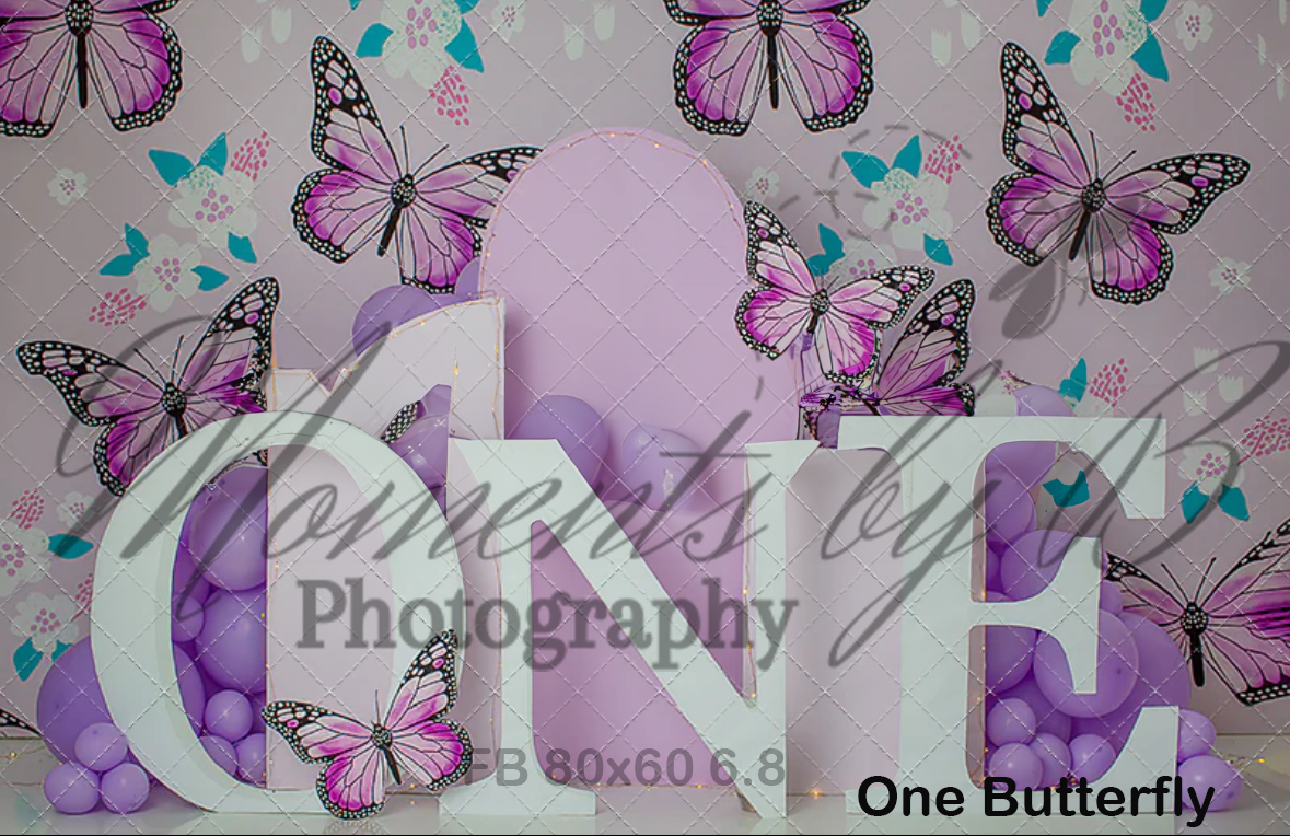 Purple butterflies and light blue butterflies float against a grey background with cursive text overlay.