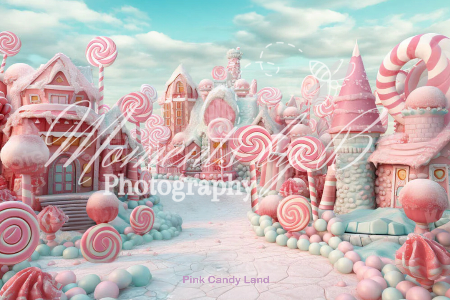Whimsical fantasy candy land with pink castle towers and lollipops under a dreamy pastel sky.