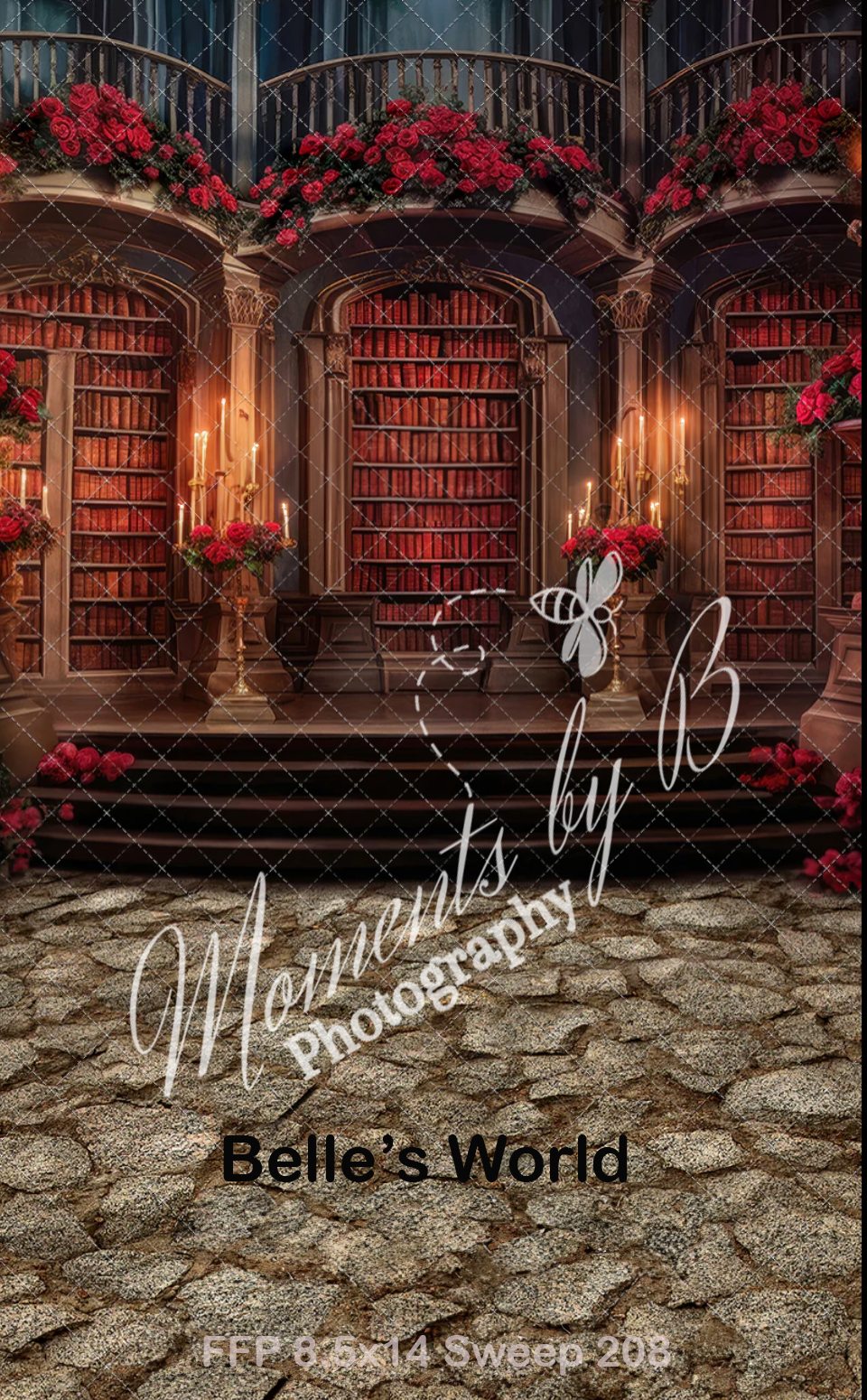 Ornate library interior with red roses and candles creating a magical atmosphere.