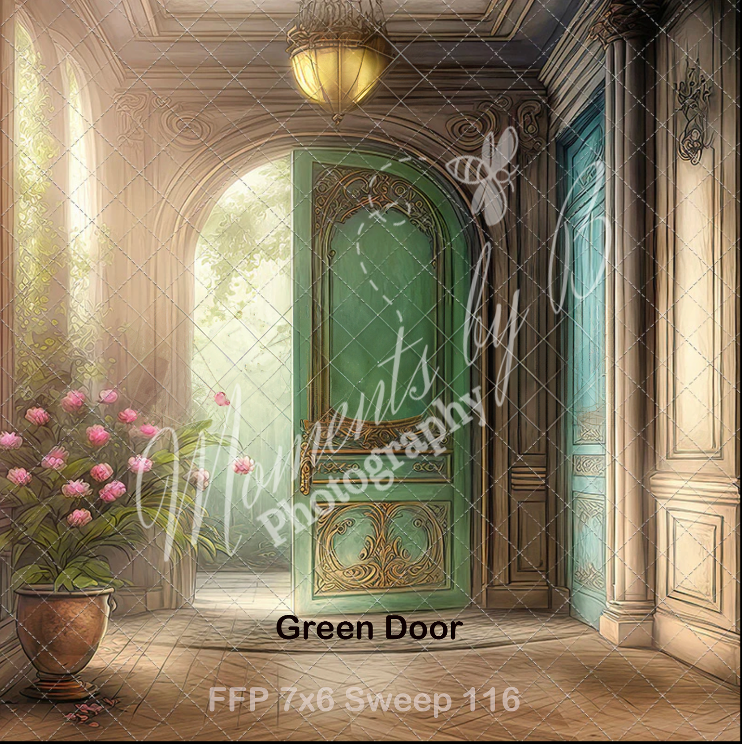 Elegant hallway with green door, ornate moldings, and pink flowers in a sunlit interior.