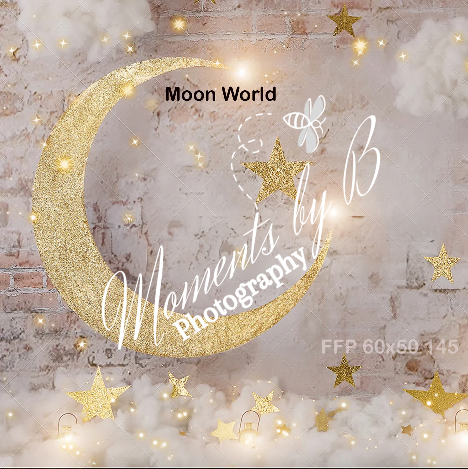 Glittering gold crescent moon with stars against a textured grey brick wall background.