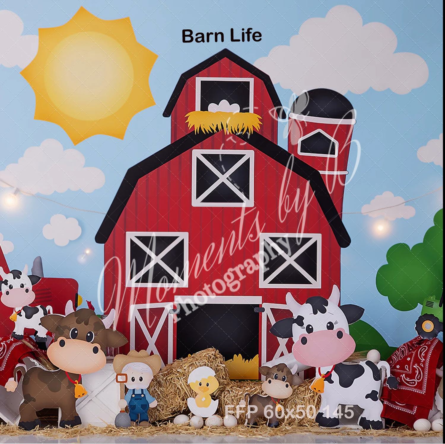 Cartoon red barn with farm animals and sunny sky in playful illustration style.