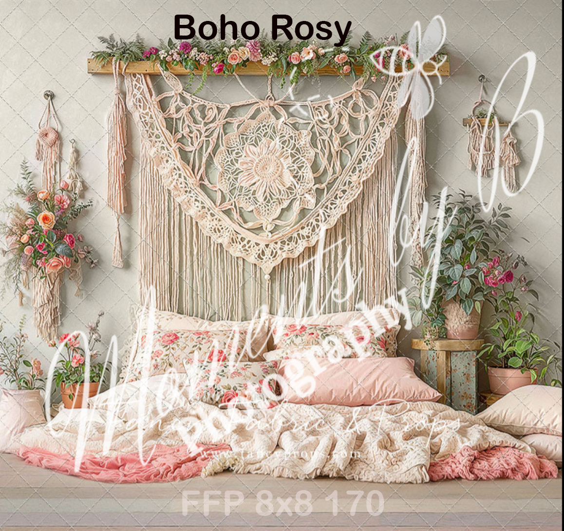 Boho-style bedroom setup with macrame wall hanging, floral decorations, and pink bedding in romantic setting.