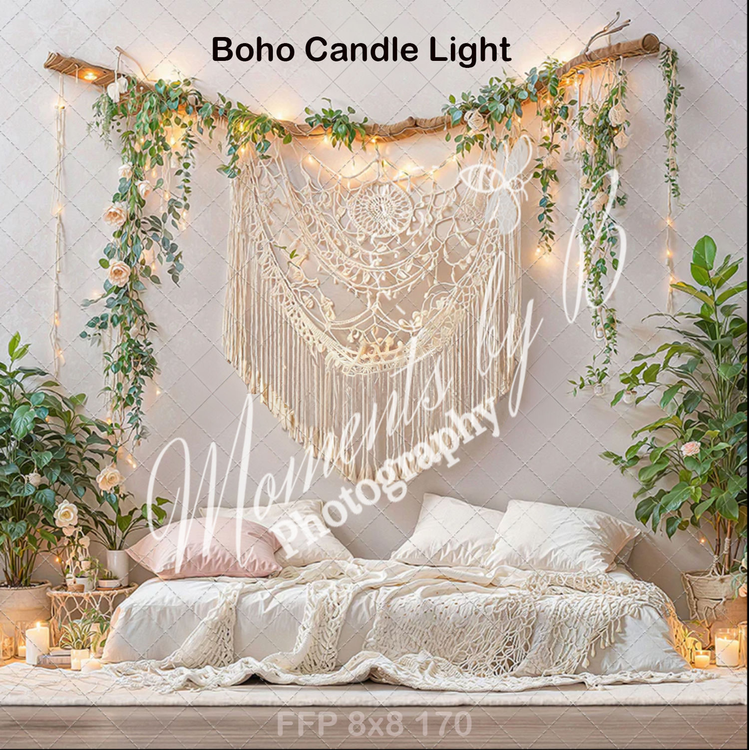 Cozy boho setting with macrame wall hanging, string lights, and greenery above white bedding.