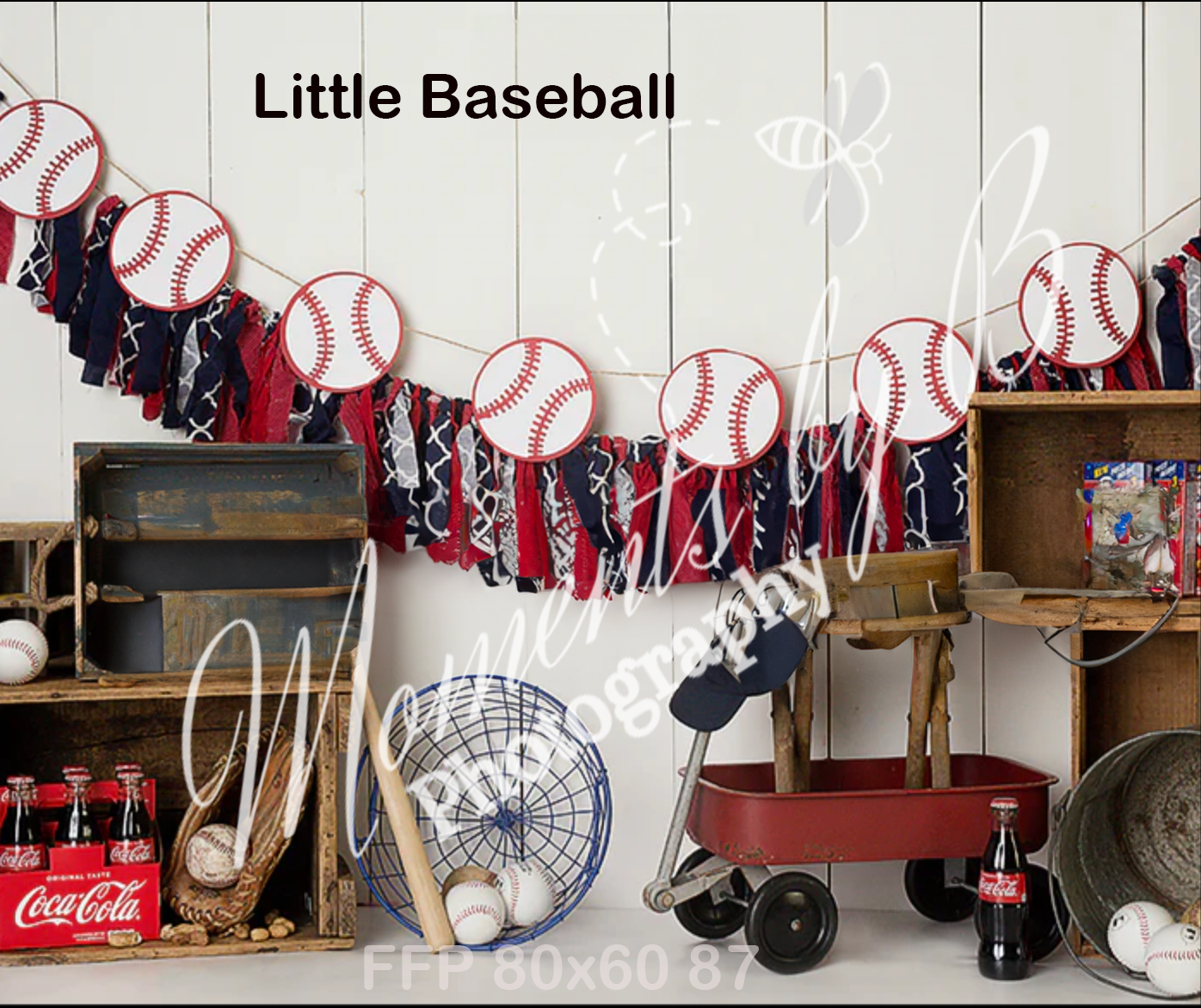Vintage baseball themed backdrop with red and white baseballs, Coca-Cola bottles, and wooden crates.