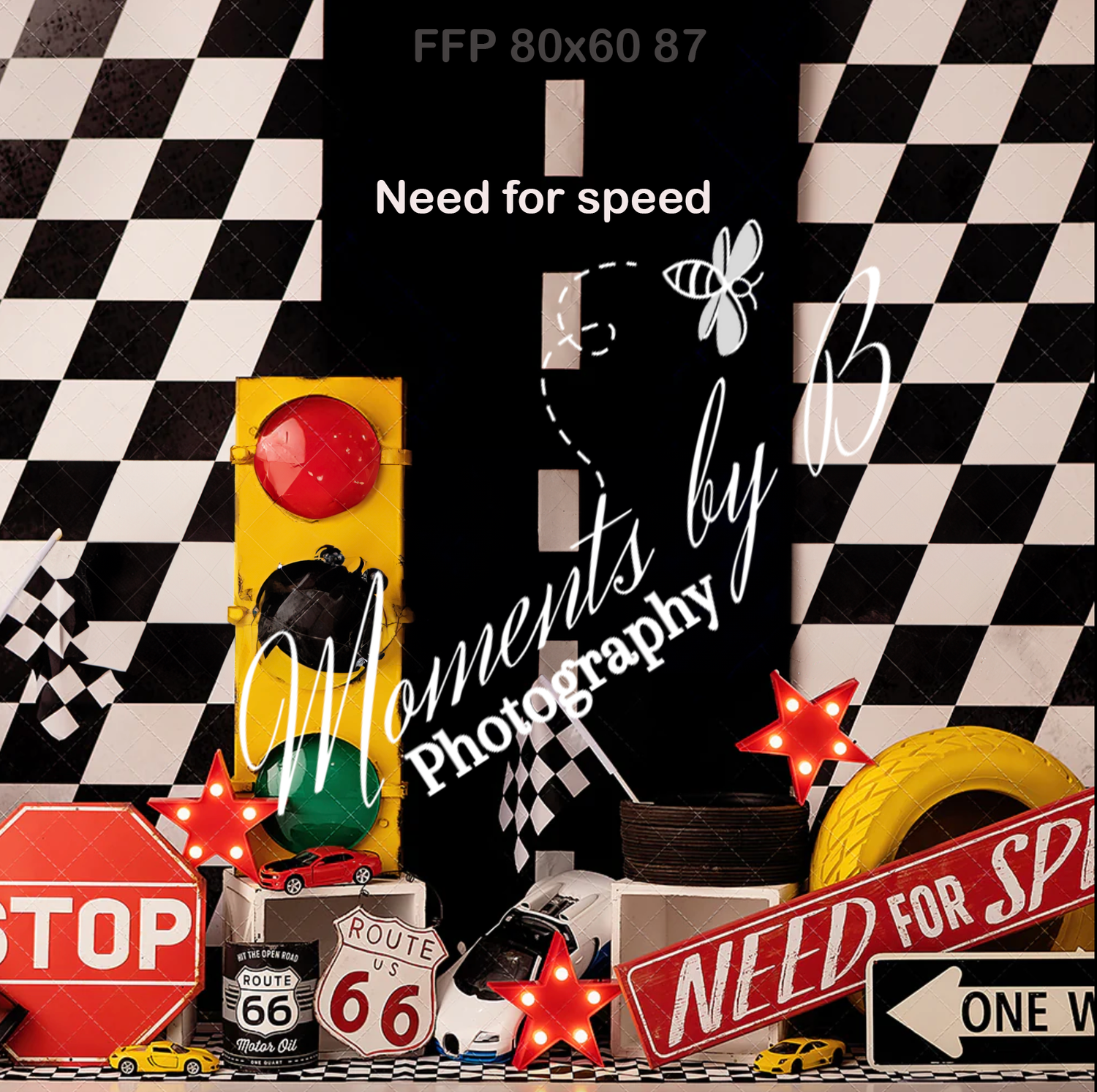 Racing themed setup with checkered pattern, traffic signs, and Route 66 memorabilia.