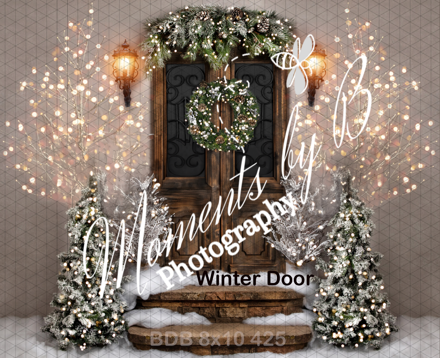 Magical winter doorway scene with snow-covered trees, fairy lights, and festive wreath.
