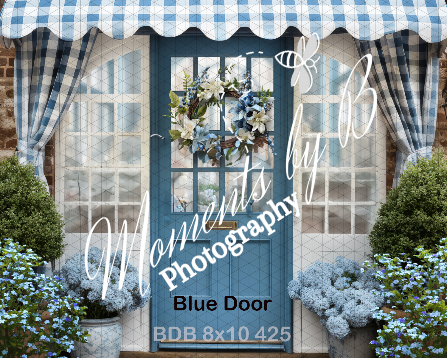 Charming cottage door scene with blue gingham awning, floral wreath, and window curtains.