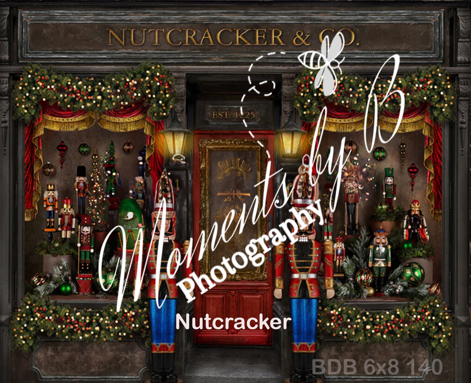 Festively decorated storefront window display for The Nutcracker with holiday garlands and twinkling lights.