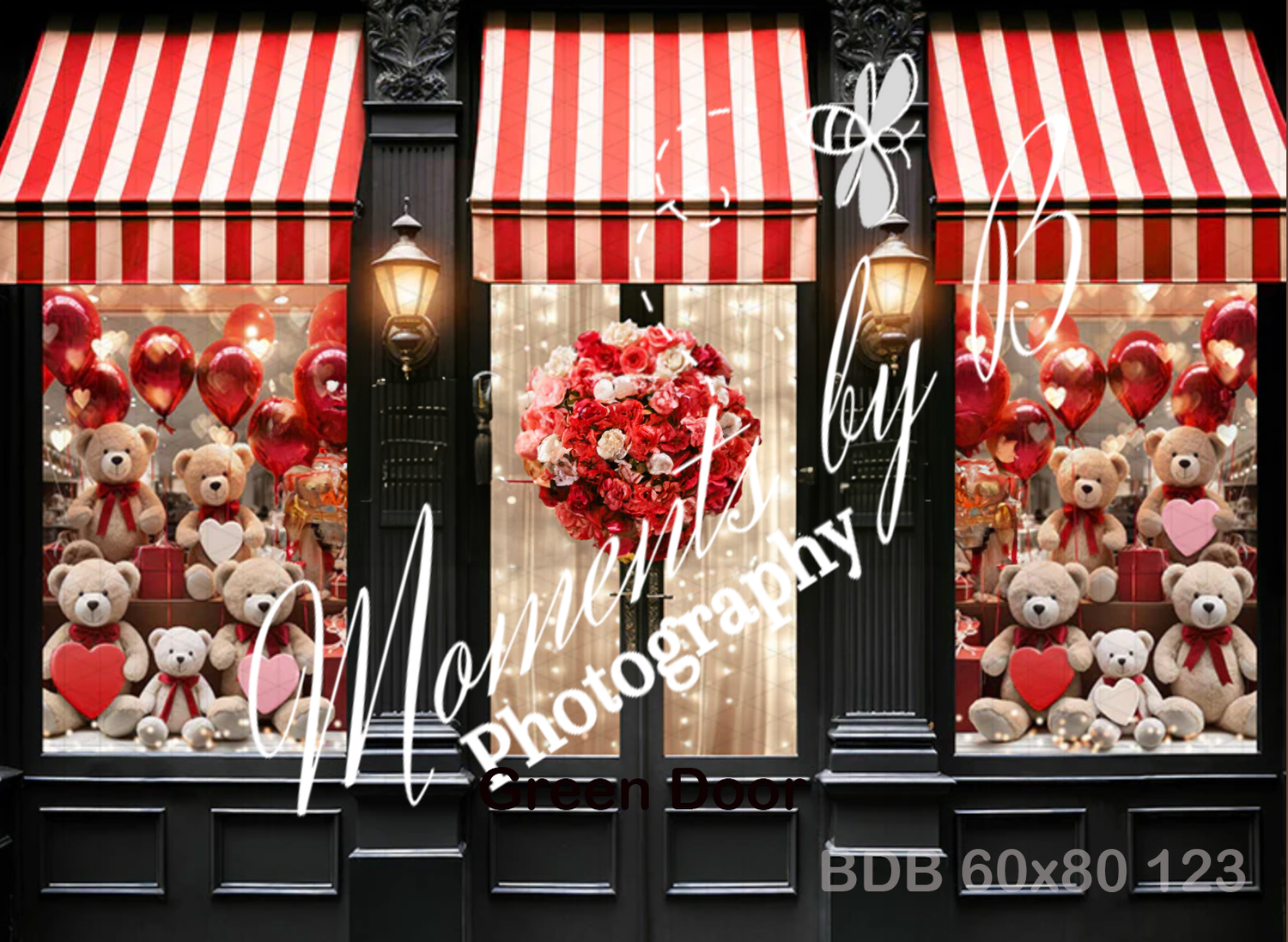 Red and white striped awnings over shop windows filled with teddy bears and heart-shaped decorations.