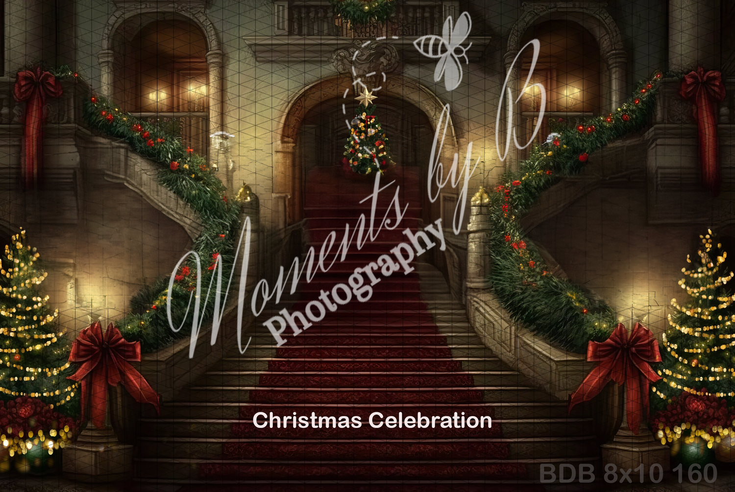 Elegant grand staircase decorated with Christmas trees, red bows and twinkling lights creating a festive atmosphere.