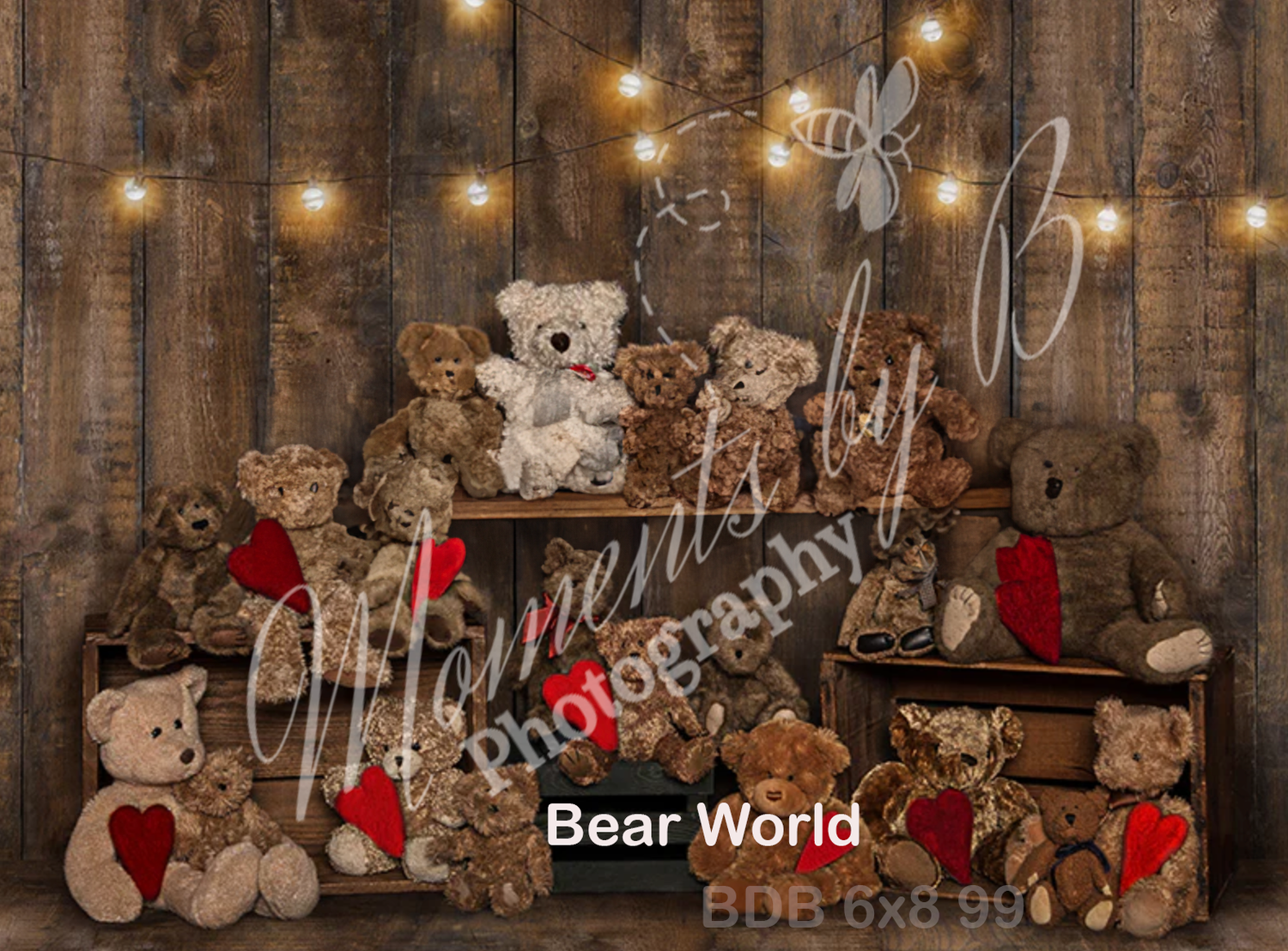 Collection of teddy bears displayed on rustic wooden shelves with festive string lights and red accents.