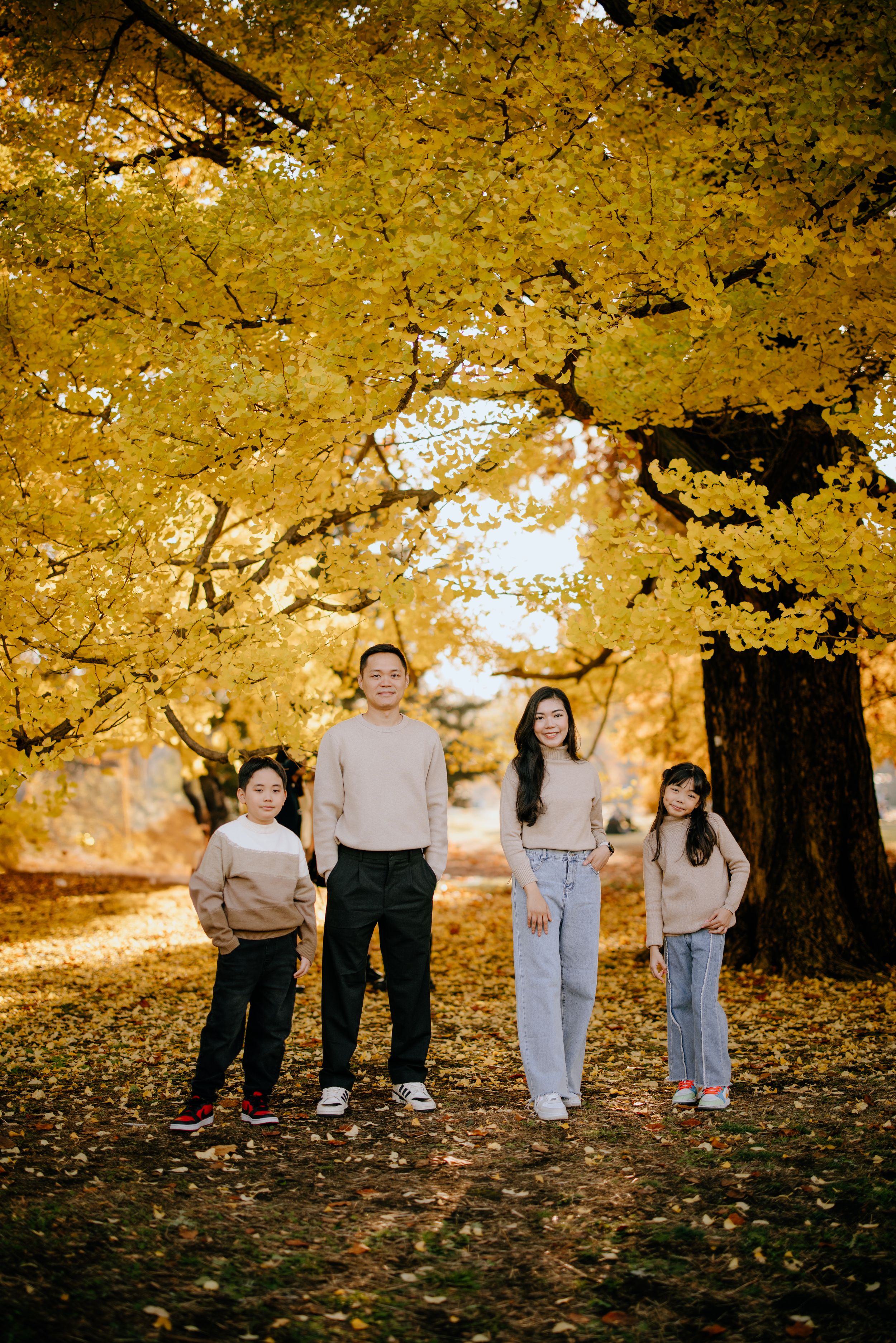 A group stands under vibrant yellow autumn foliage on fallen leaves in a sunlit park setting.