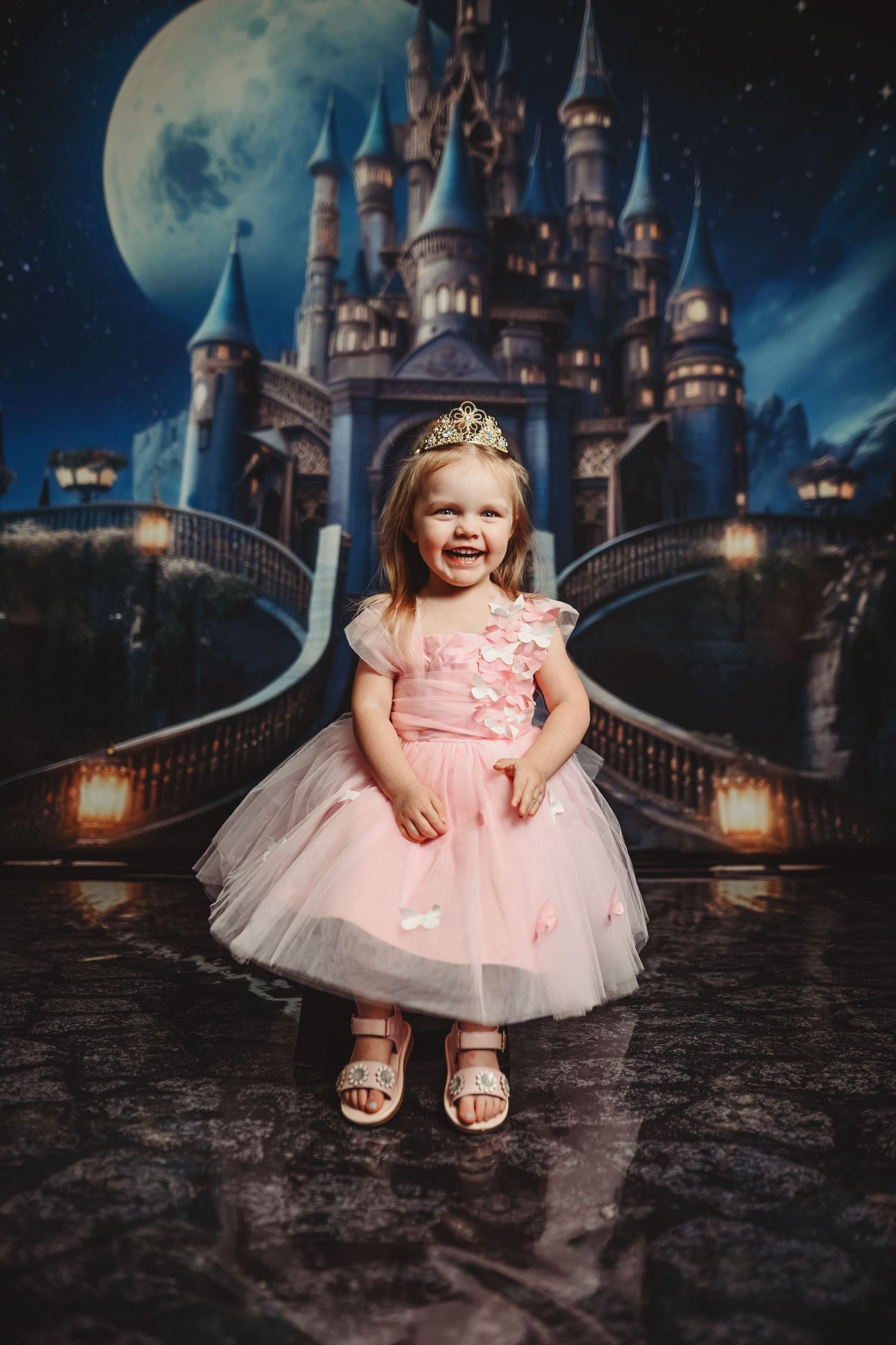 Magical nighttime castle photo session with pink tulle dress and tiara.
