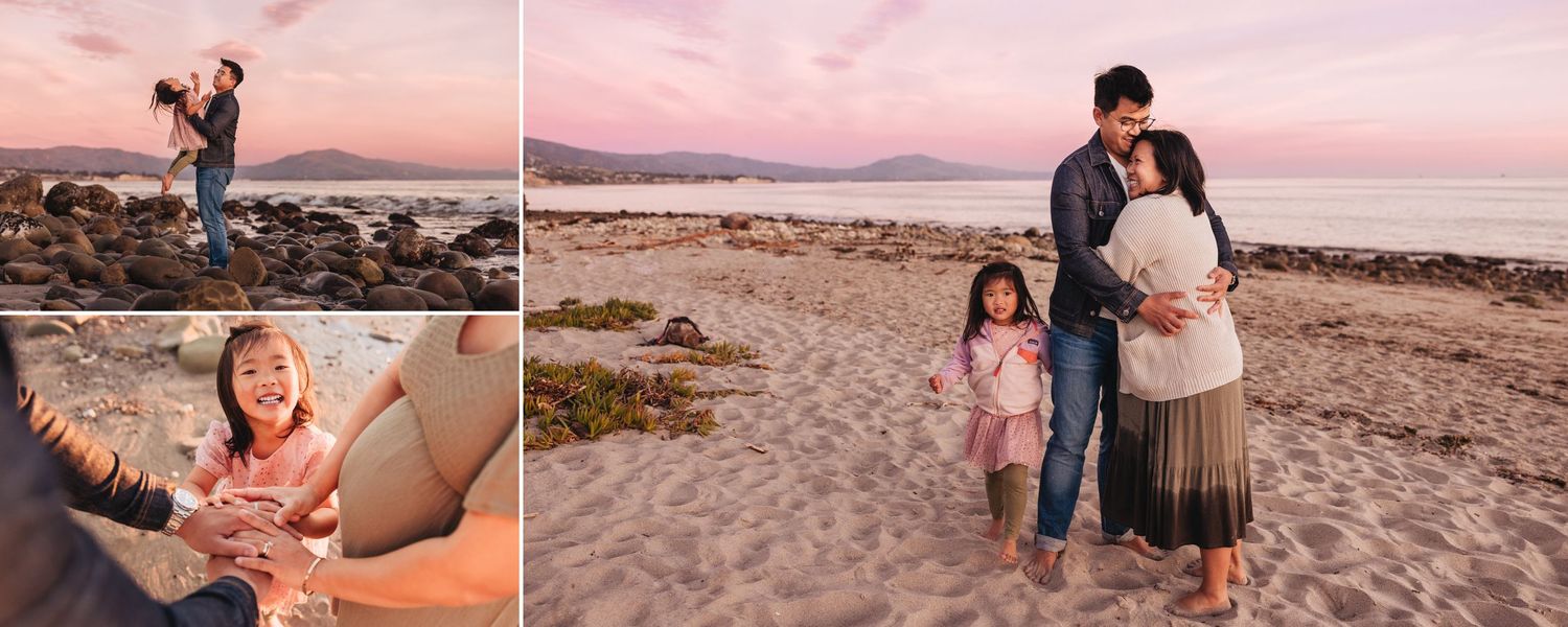 Family beach portraits captured during golden hour with pink sky.