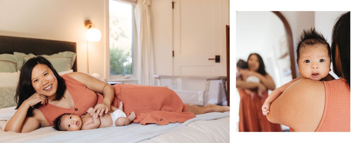 Lifestyle photography of family bonding on bed with natural window light.