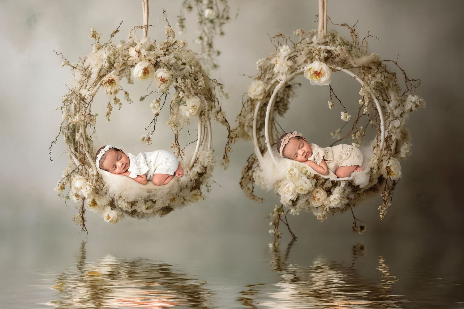 Artistic newborn photography setup with natural dried flowers and hanging basket props.