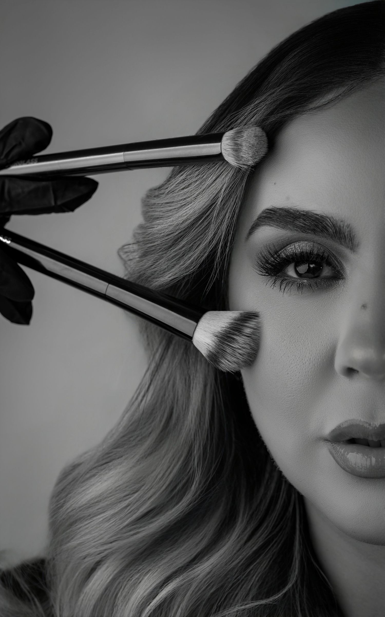 Black and white photo of makeup brushes applying cosmetics to eye area.