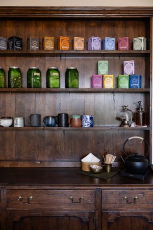 Talks Over Tea Mental health therapist office space in Tacoma, WA cabinet of tea to drink while clients talk with therapist