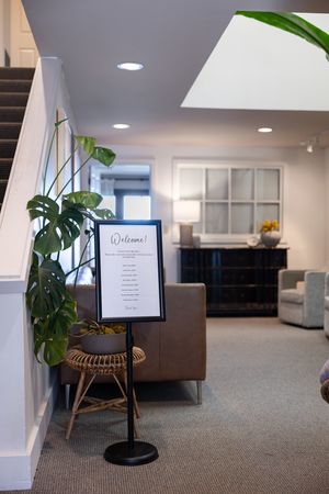 Talks Over Tea Mental health therapist office space in Tacoma, WA welcome sign to direct clients where to go for other practitioners