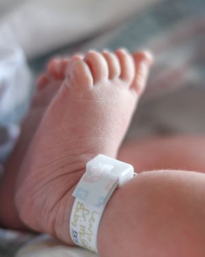 Close-up of a newborn's tiny foot with hospital identification band.