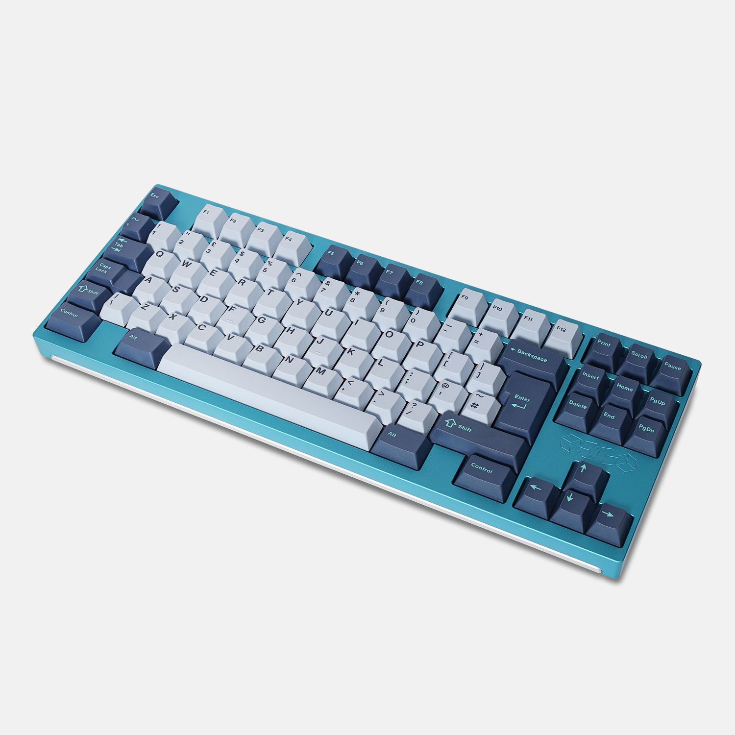Full view of teal and white mechanical keyboard with custom keycaps.