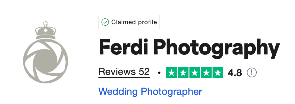 A brand logo for Ferdi Photography showing a crown icon and their 4.8 star rating as a wedding photographer.