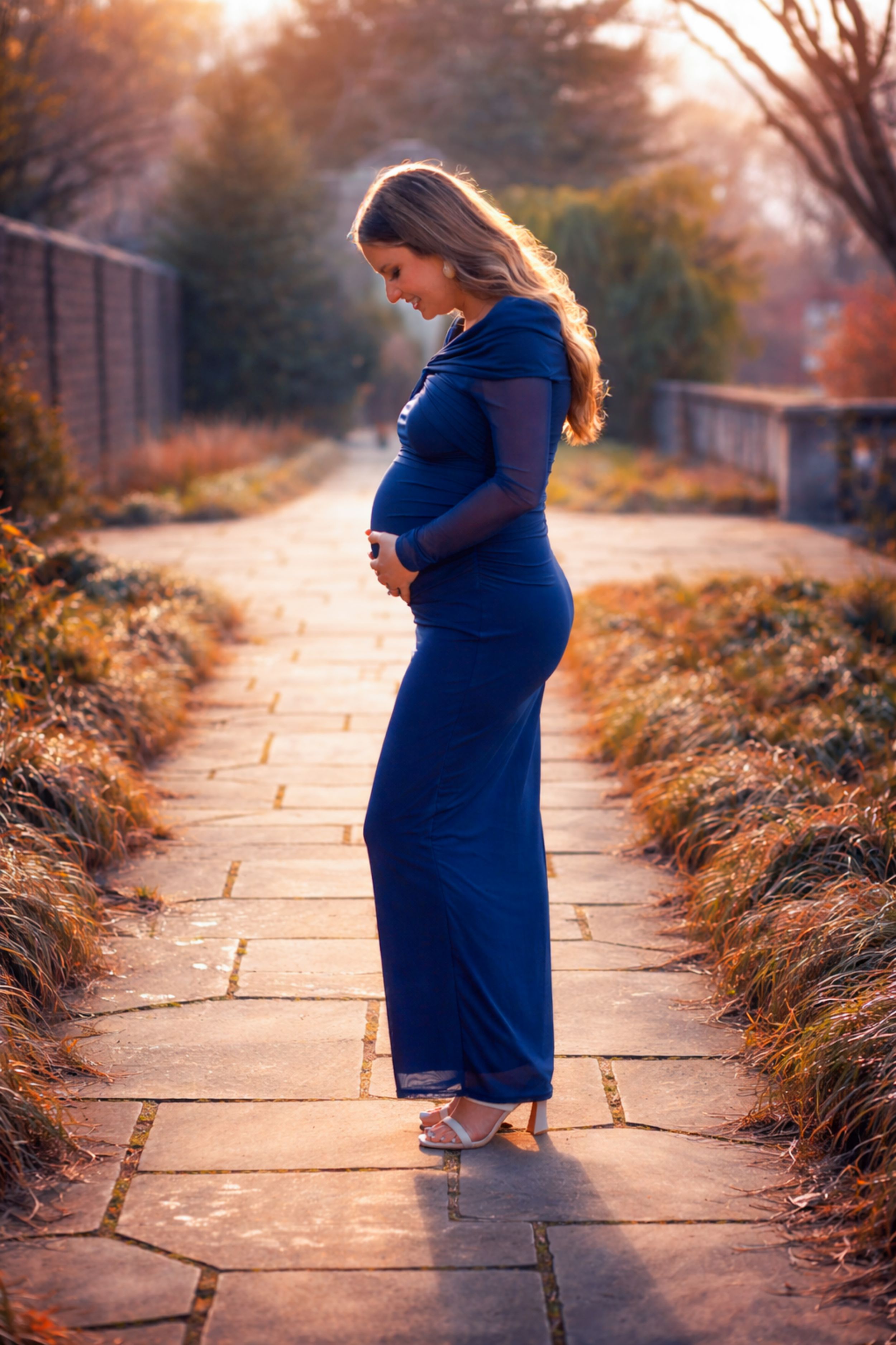 Pregnant woman in blue gown holding belly on garden path at sunset.
