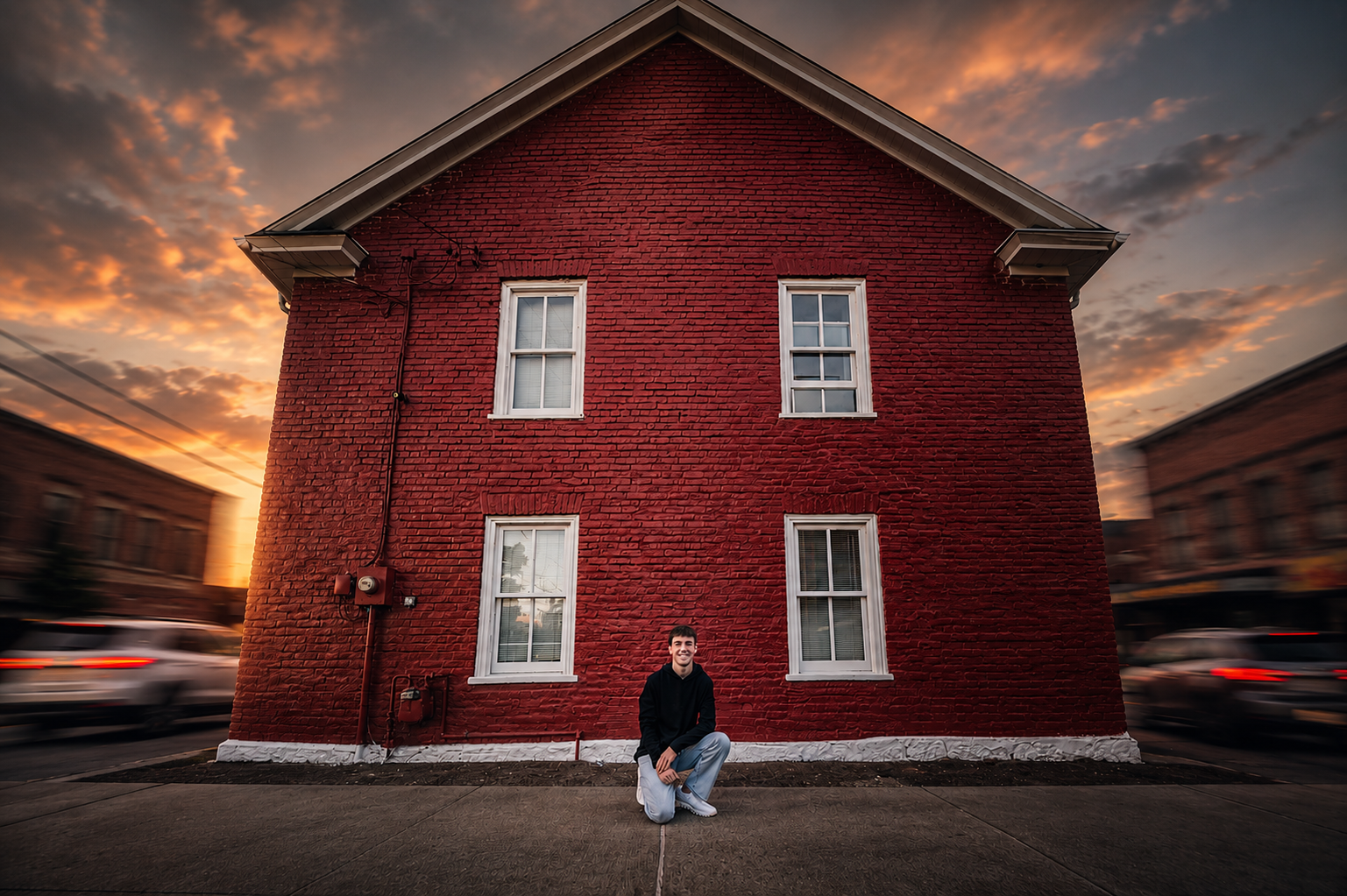 Person sitting in front of a red brick building at sunset with dramatic clouds and motion-blurred cars.