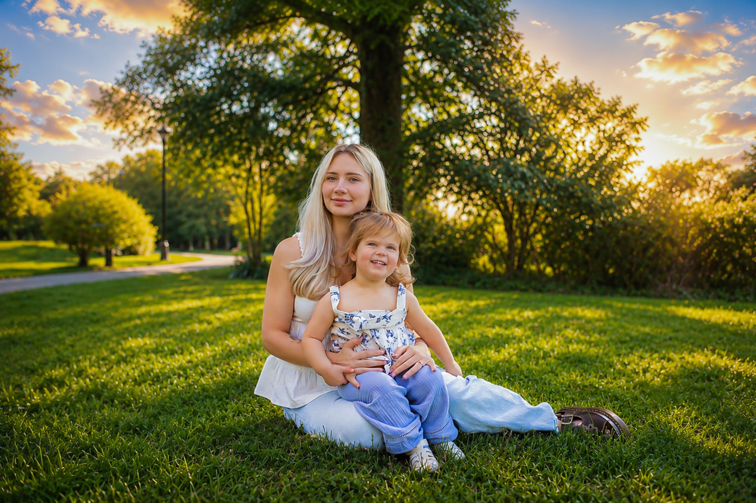 A mother and young daughter sit together on lush green grass in a sunny park at golden hour sunset.