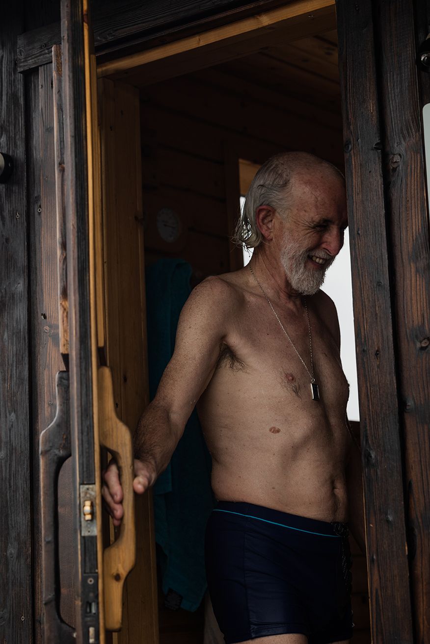 an elderly man enjoying sauna and cold swims in Rinville, Oranmore