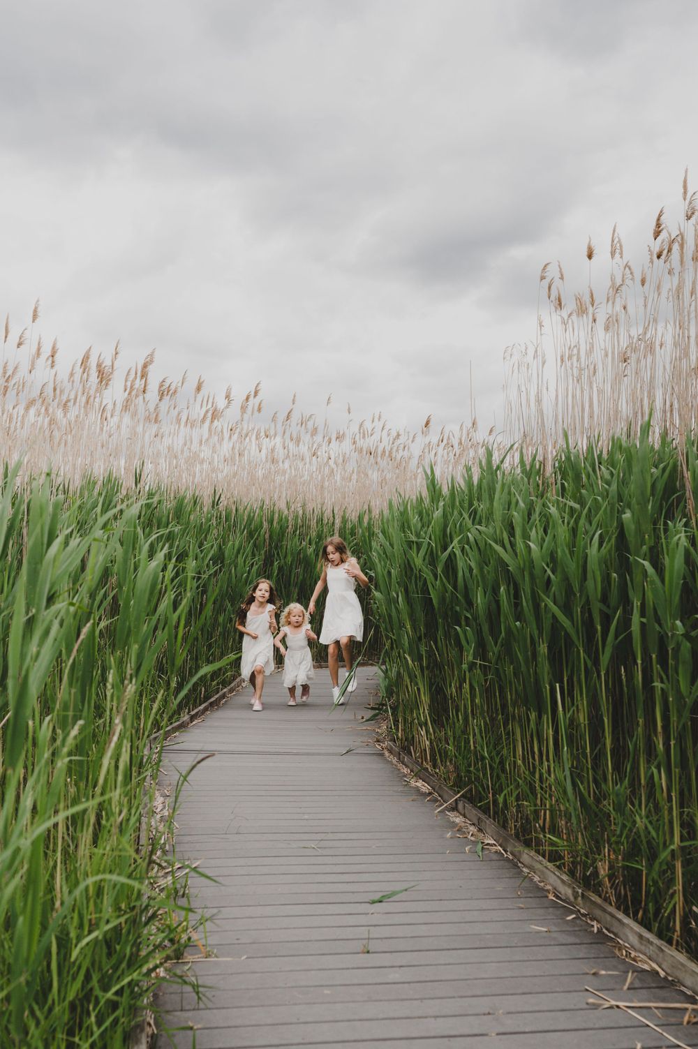 Three people walk along a boardwalk surrounded by tall marsh grasses under cloudy skies.