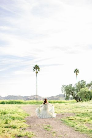 Romantic silhouette in flowing dress walking path between palm trees.